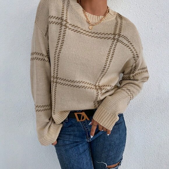 Apricot Women's Casual Plaid Drop Shoulder Sweater - Picture 6 of 6